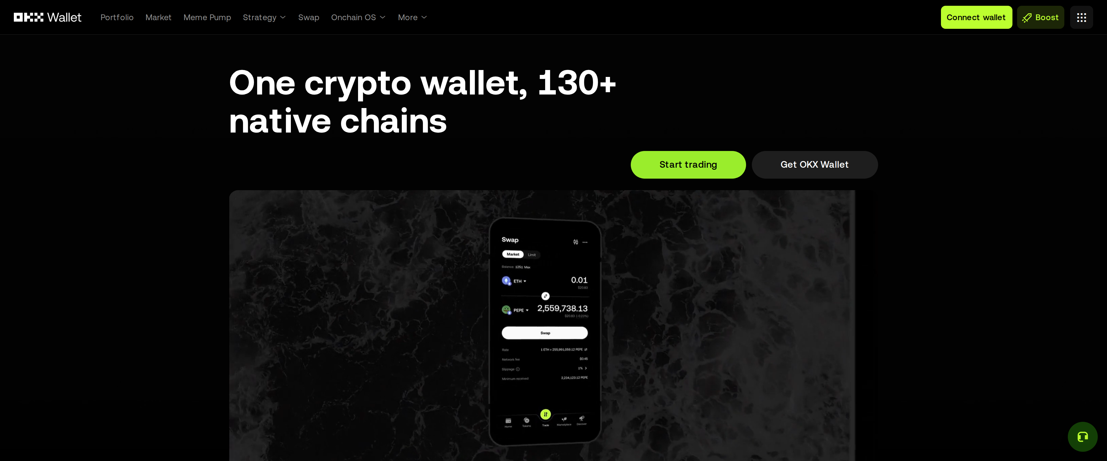 OKX Wallet homepage reading One crypto wallet, 130+ native chains, with portfolio, market and strategy navigation tabs