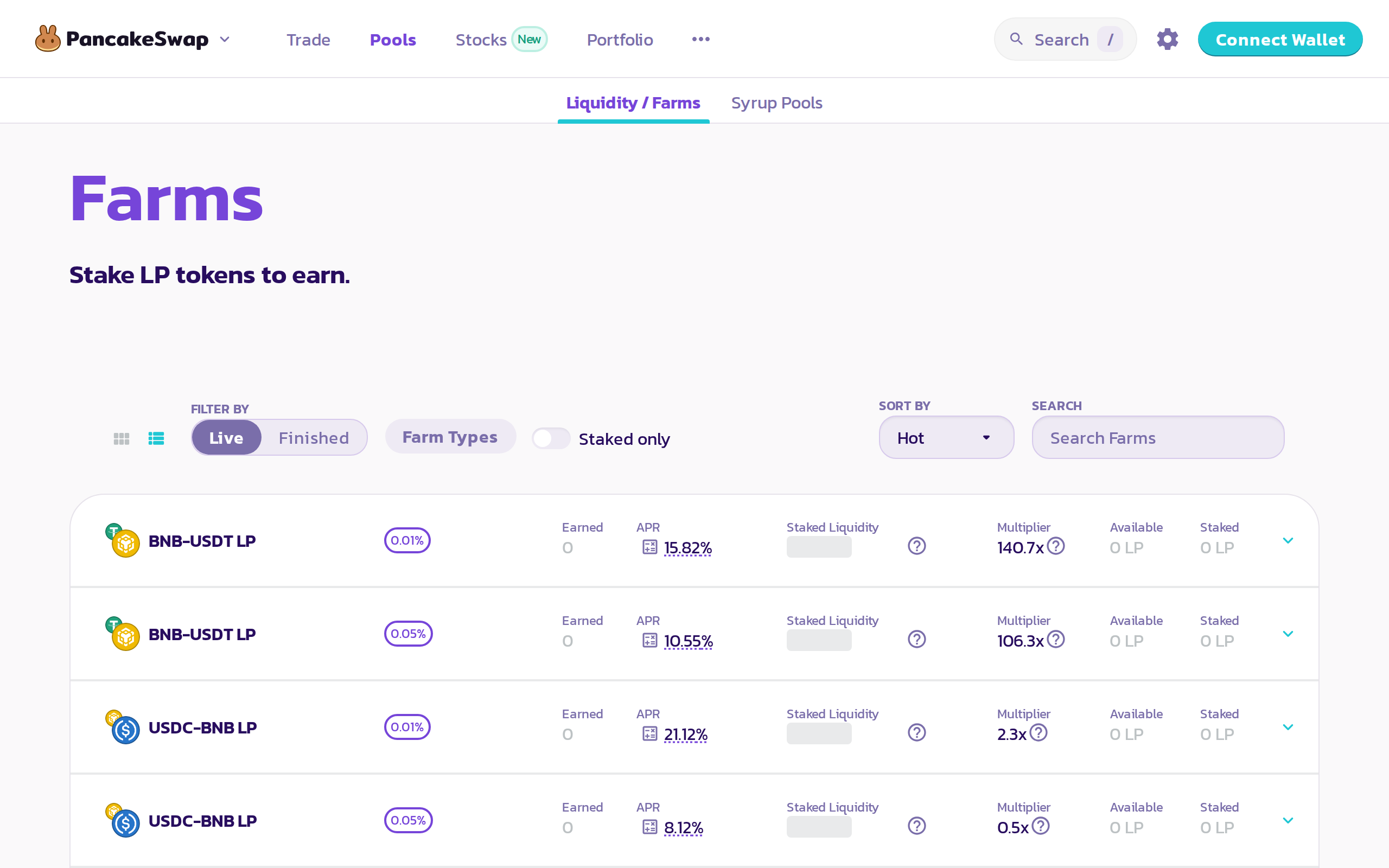 PancakeSwap Farms page reading Stake LP tokens to earn