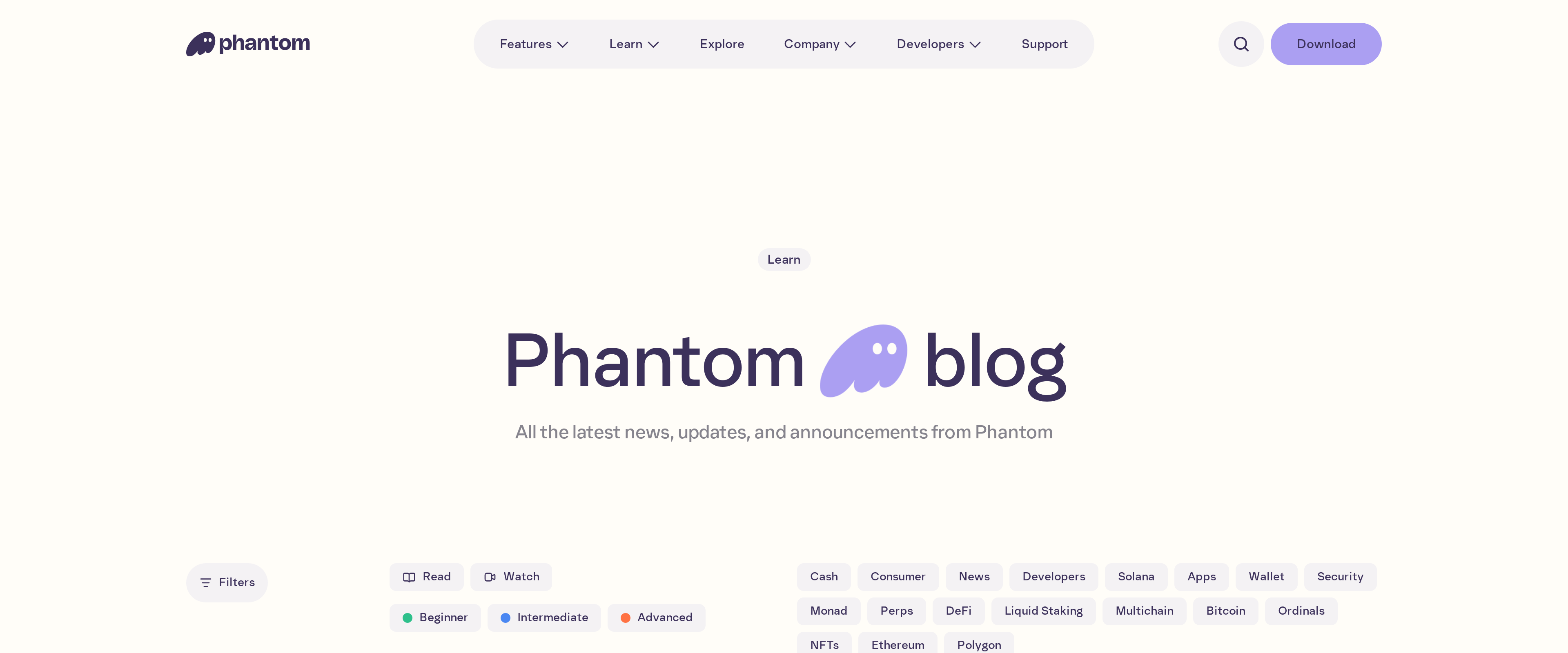 Phantom blog homepage headline reading Phantom blog, with the subheading All the latest news, updates, and announcements from Phantom