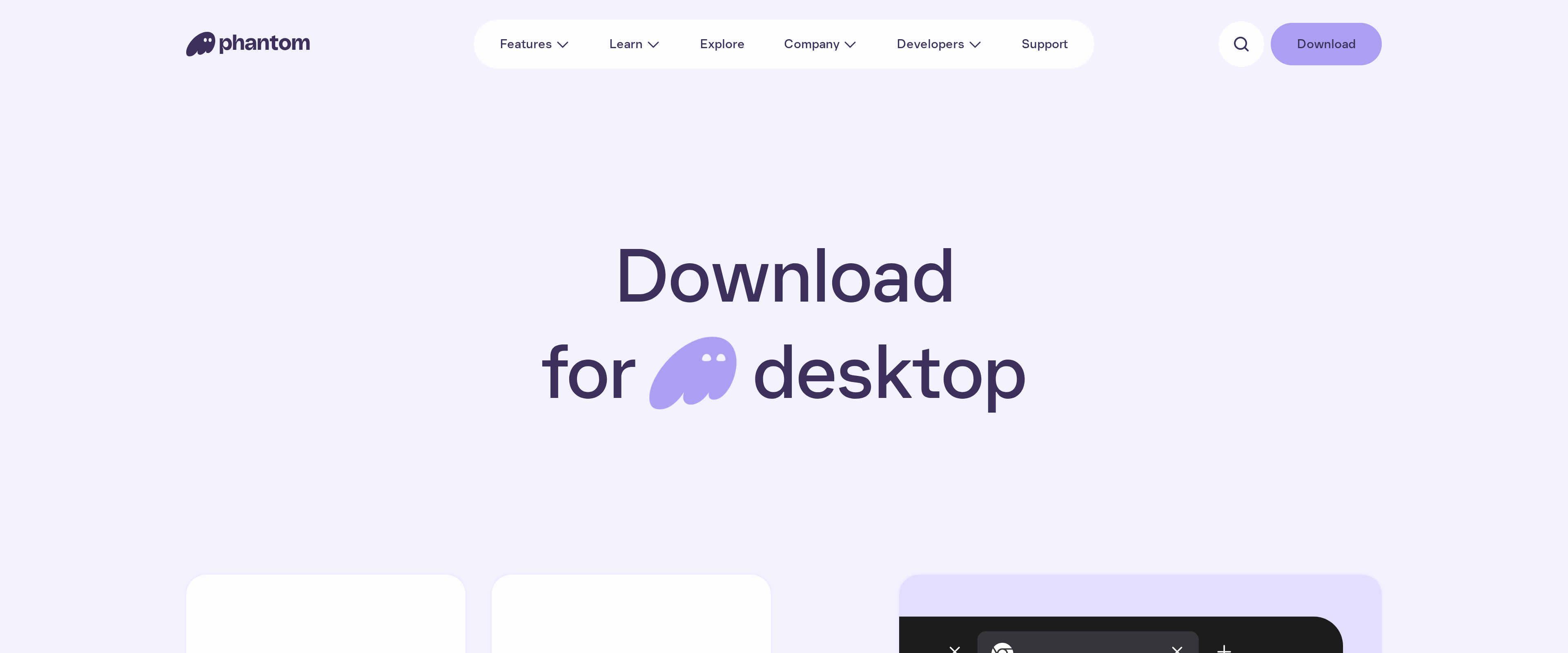 Phantom download page showing a Chrome browser preview of the wallet extension under a Download for desktop heading