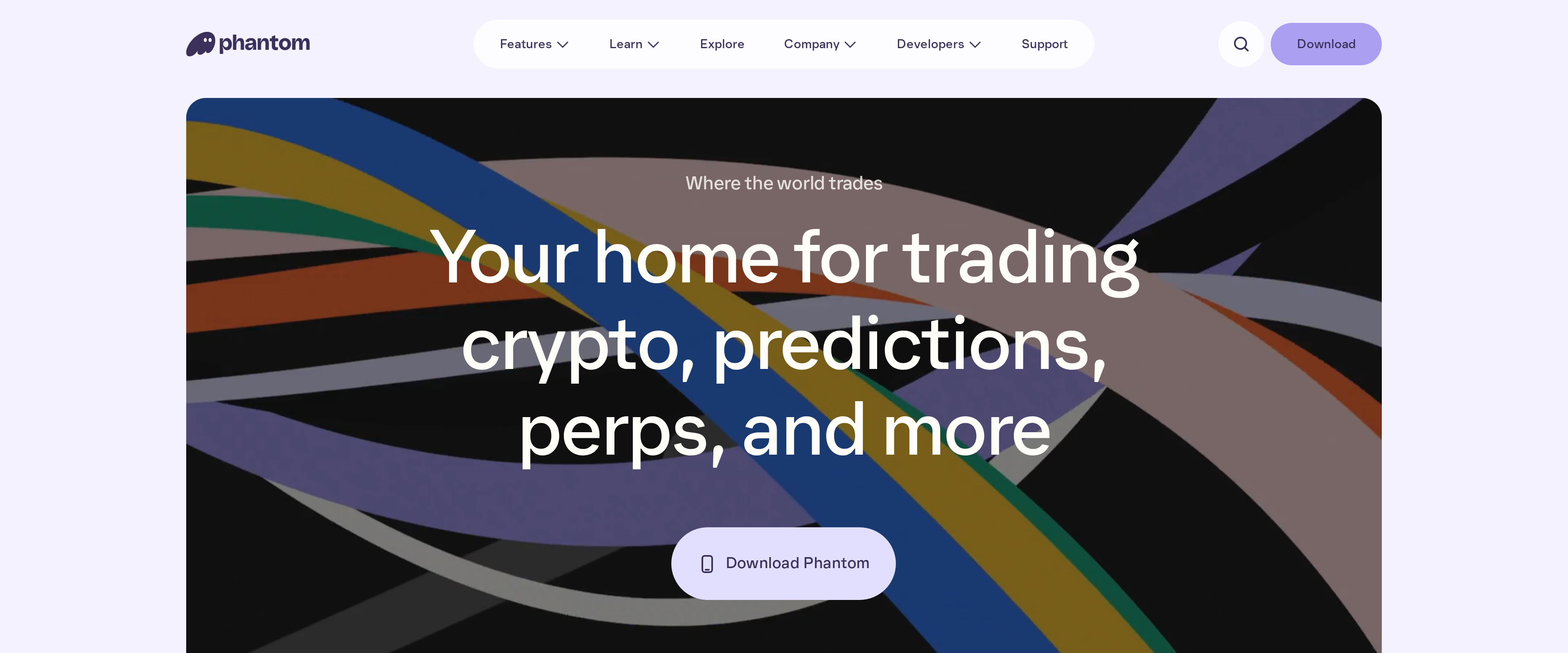 Phantom homepage headline reading Your home for trading crypto, predictions, perps, and more, above a heading reading Trading tools for everyone