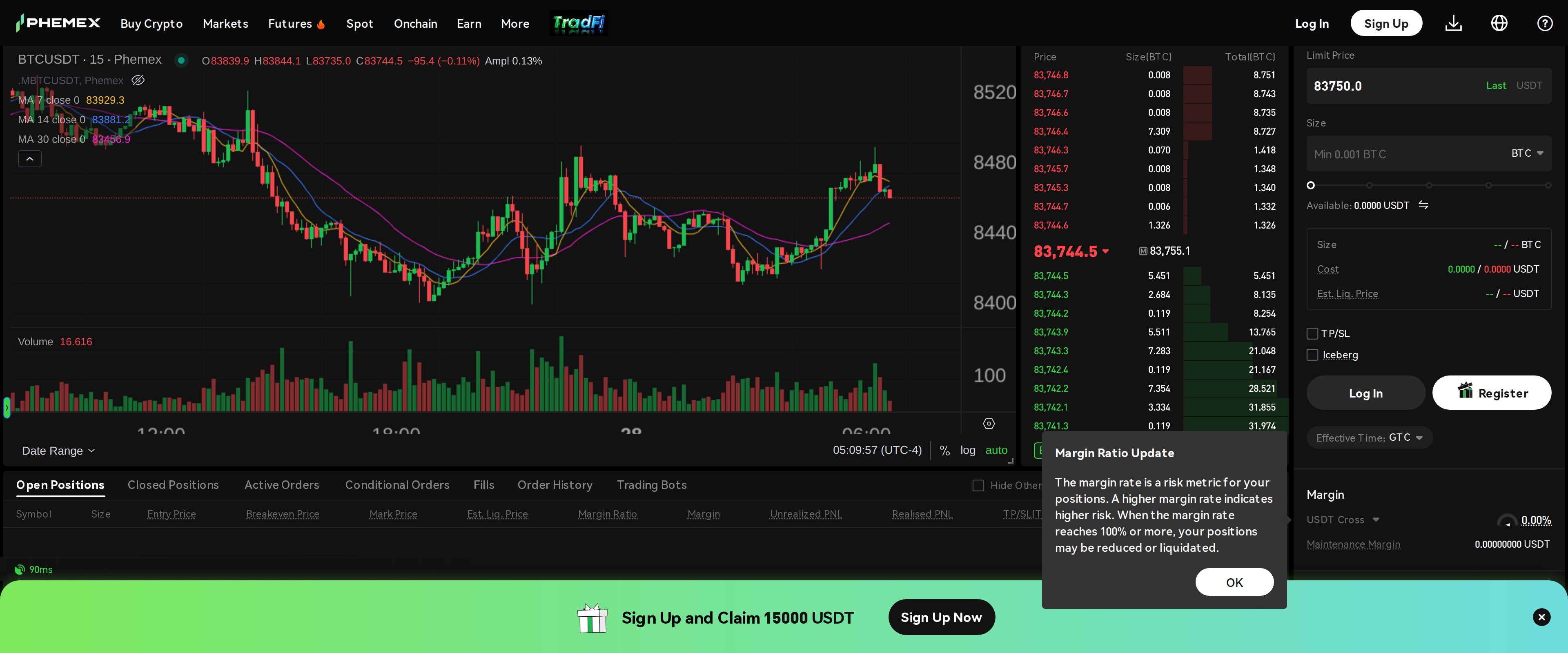 Phemex futures trading terminal showing the BTC/USDT chart with margin and assets panels