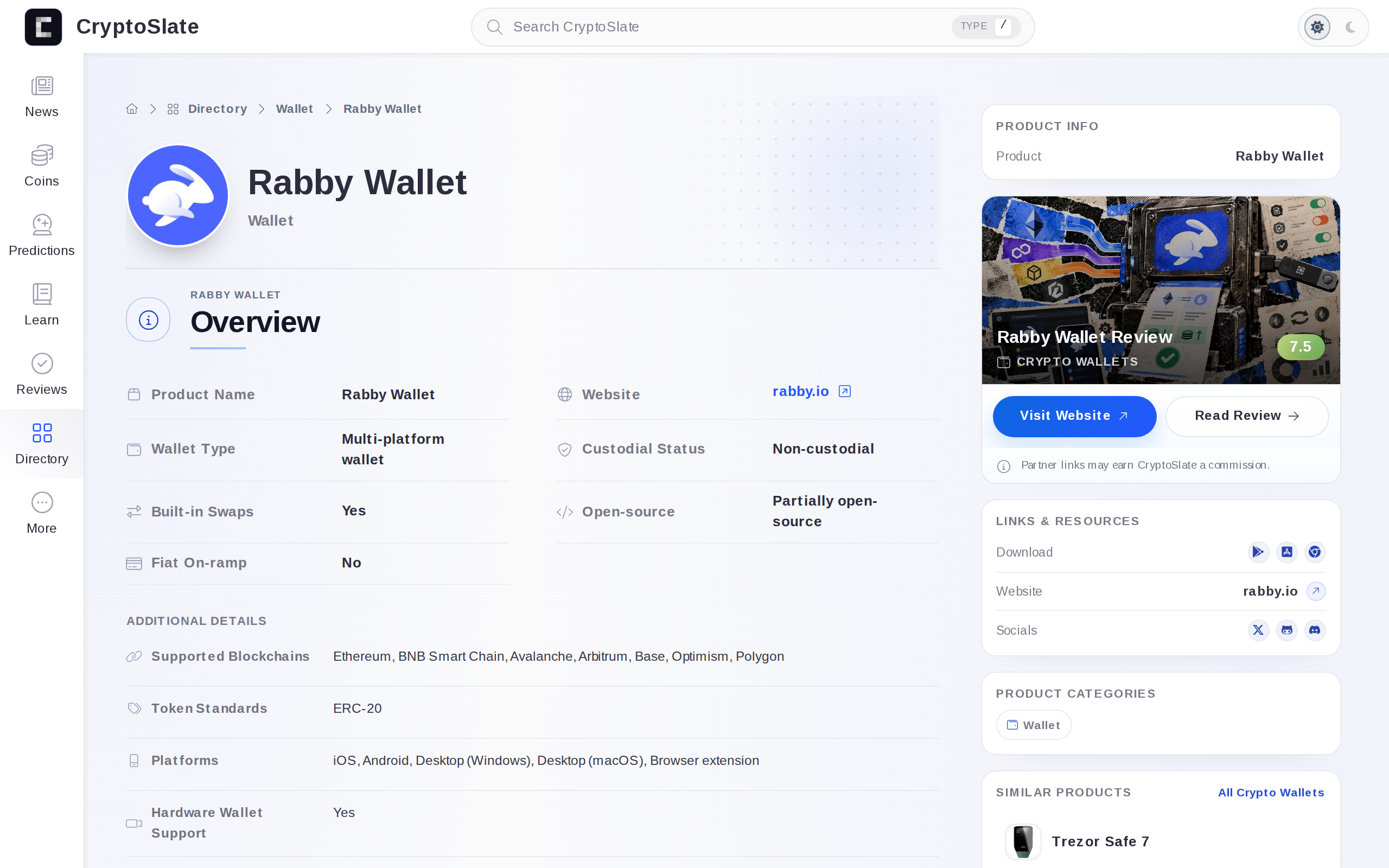 CryptoSlate's Rabby Wallet listing showing supported chains and platforms