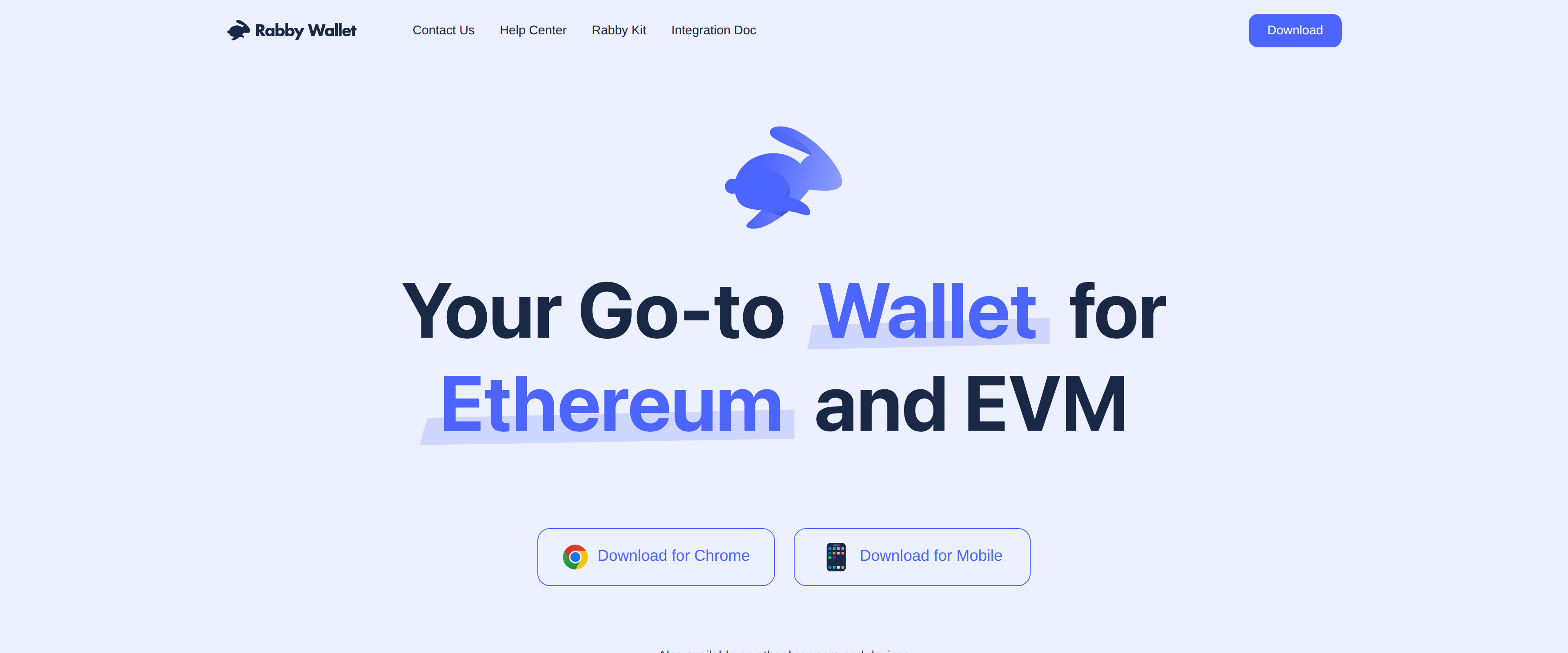 Rabby Wallet's homepage with the tagline Your Go-to Wallet for Ethereum and EVM and download buttons for Chrome and Mobile