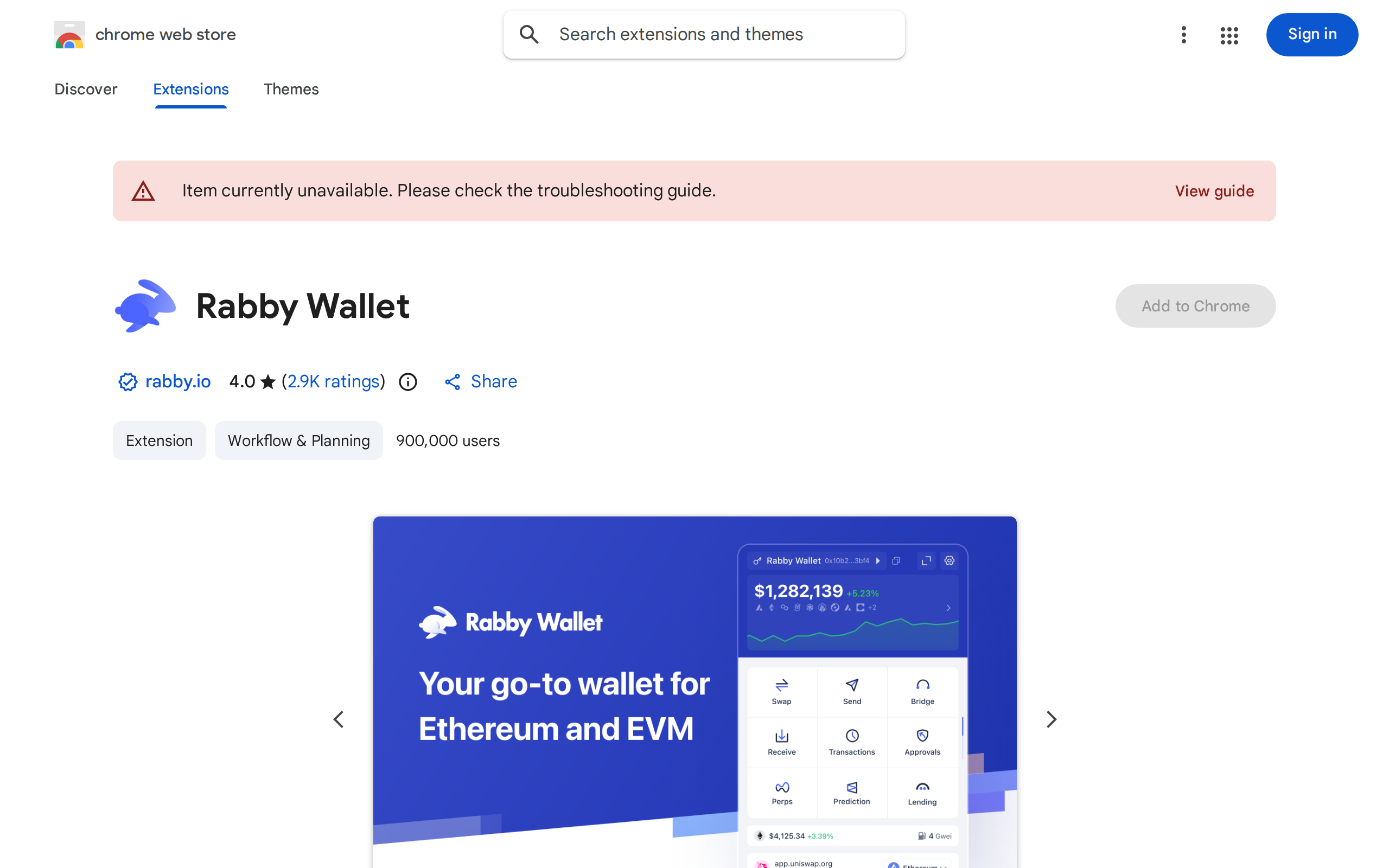 Rabby Wallet's Chrome Web Store listing showing extension screenshots