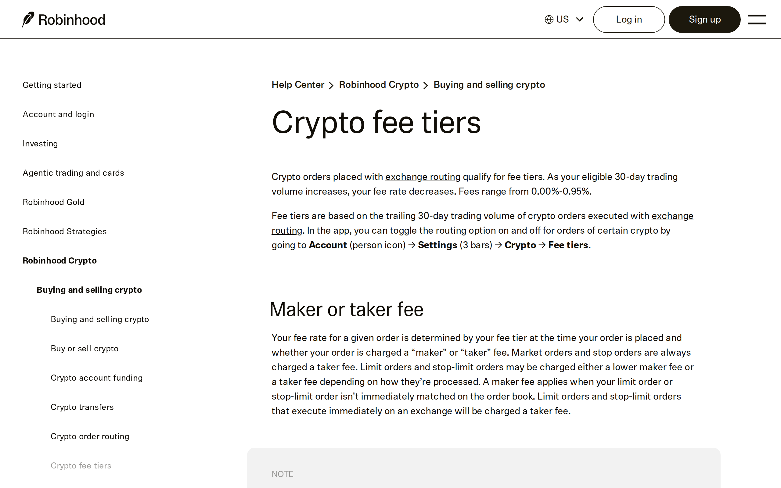 Robinhood support article on Crypto fee tiers, explaining maker or taker fees for orders placed with exchange routing