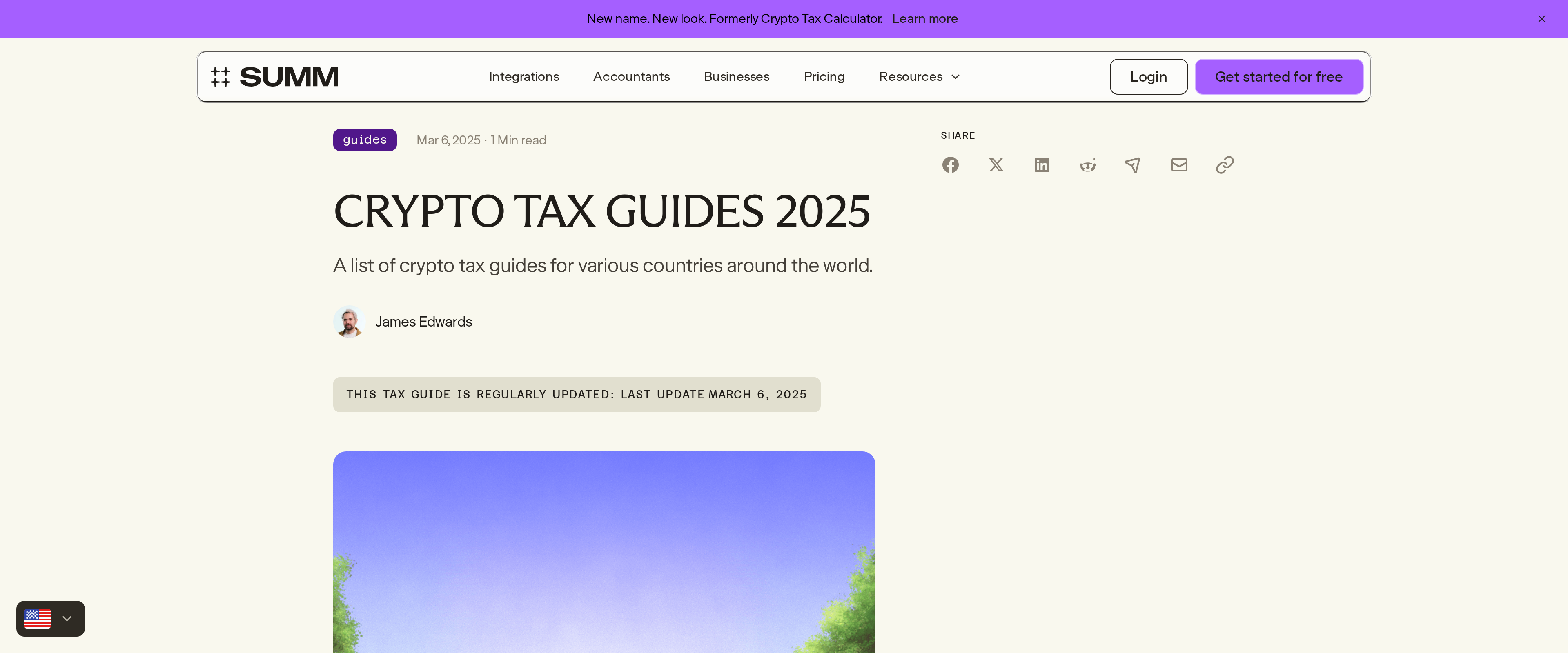 Summ crypto tax guides page listing country-specific guidance for 2025