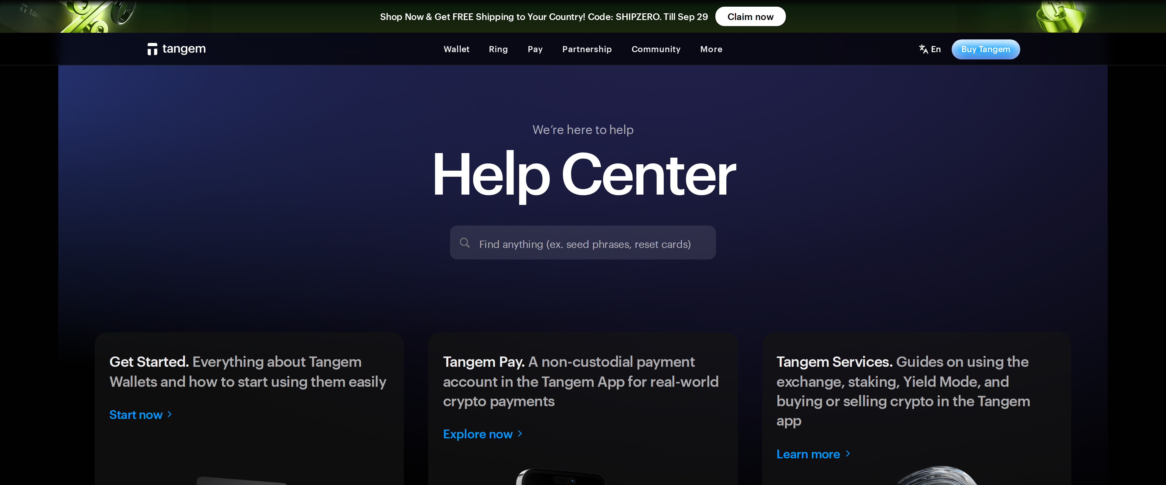 Tangem Help Center page listing Get Started guides, Tangem Pay documentation and Tangem Services articles for staking and buying crypto