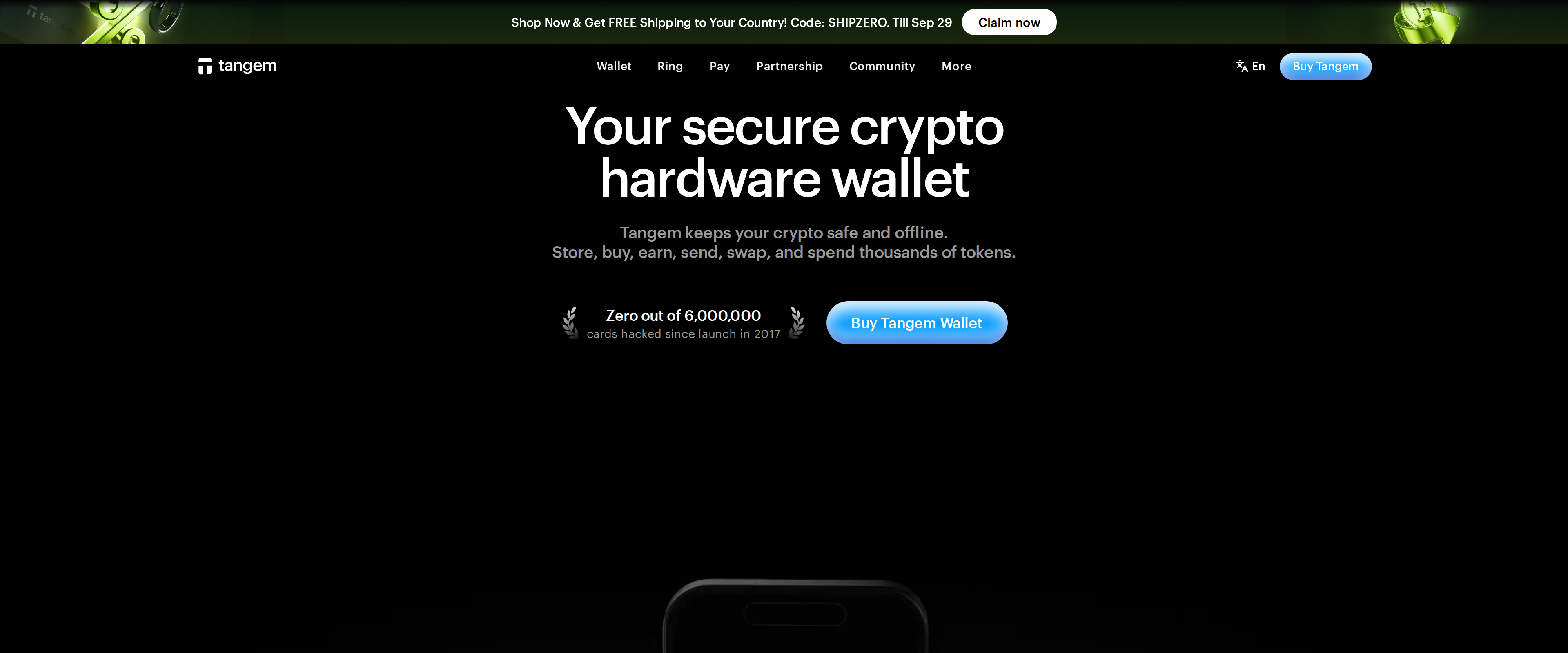 Tangem homepage headline reading Your secure crypto hardware wallet, with subtext about storing, buying, sending and swapping thousands of tokens offline