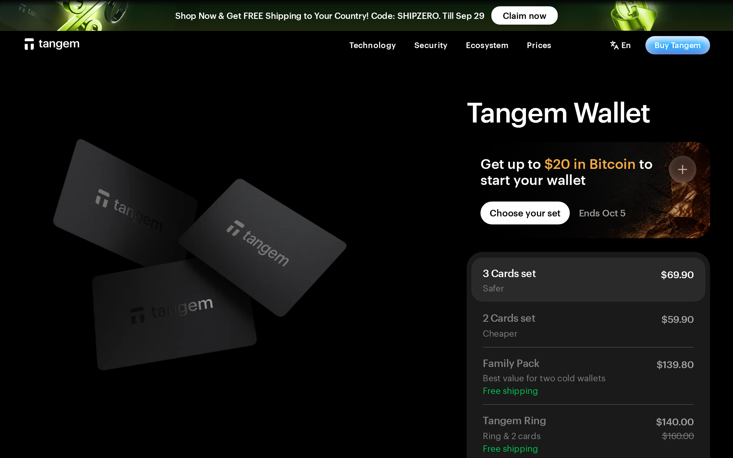 Tangem pricing section showing a Classic Black Wallet Set of 3 alongside prices of $59.90 and $69.90, plus a $20 BTC reward banner