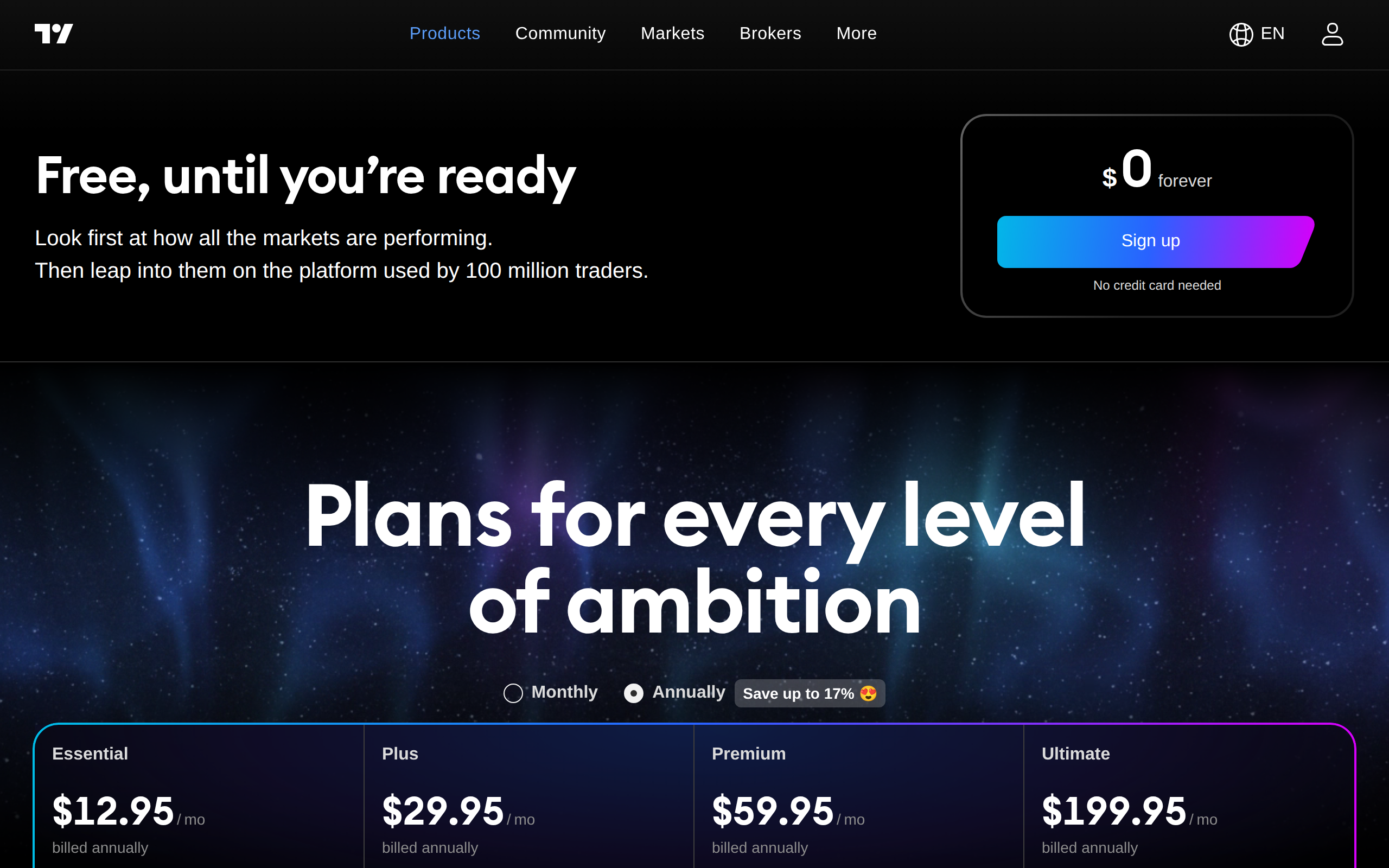 TradingView pricing page hero reading Free, until you're ready and Plans for every level of ambition, above a claim of 100 million traders on the platform