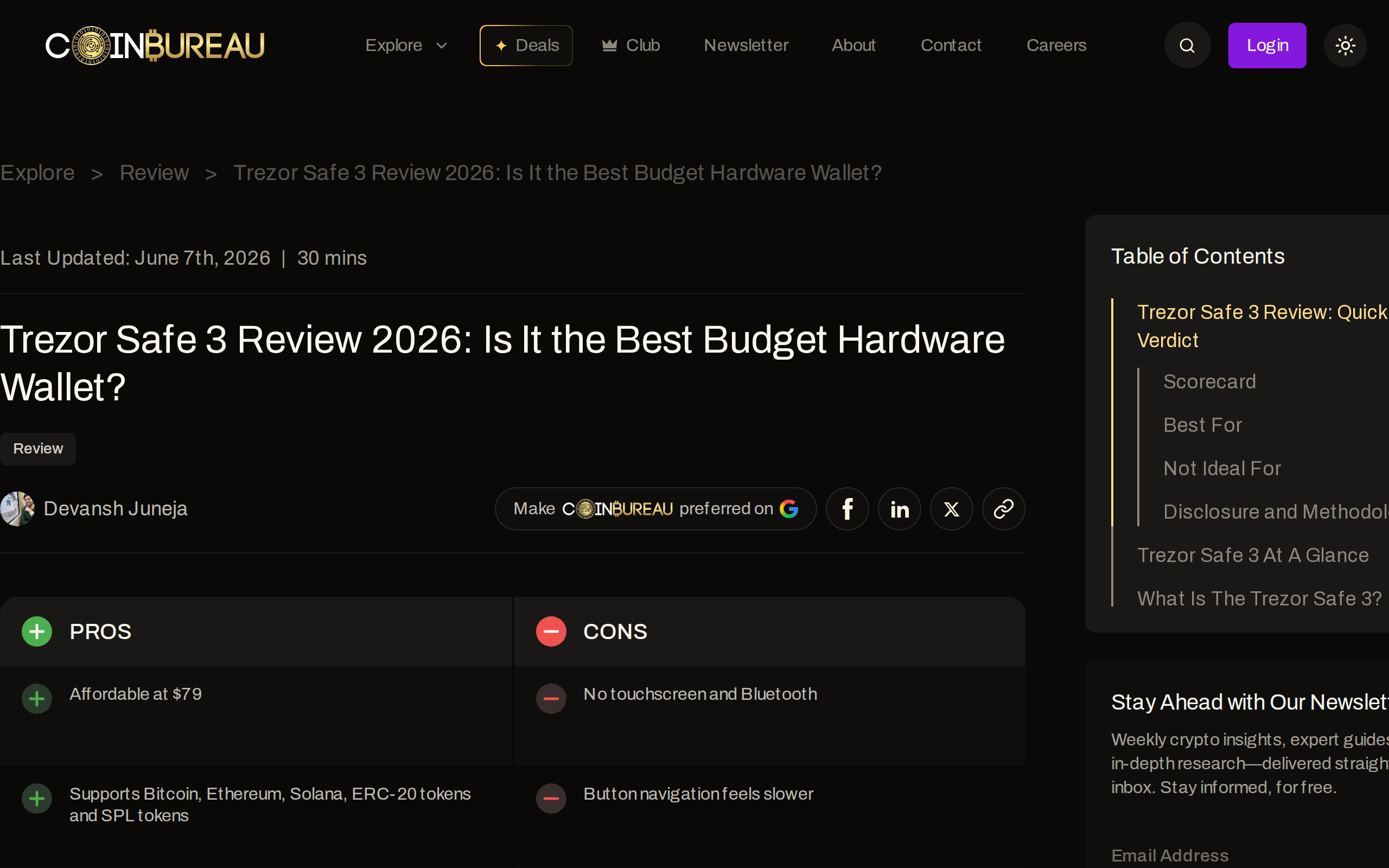 Coin Bureau's Trezor Safe 3 review page listing pros and cons columns for the device