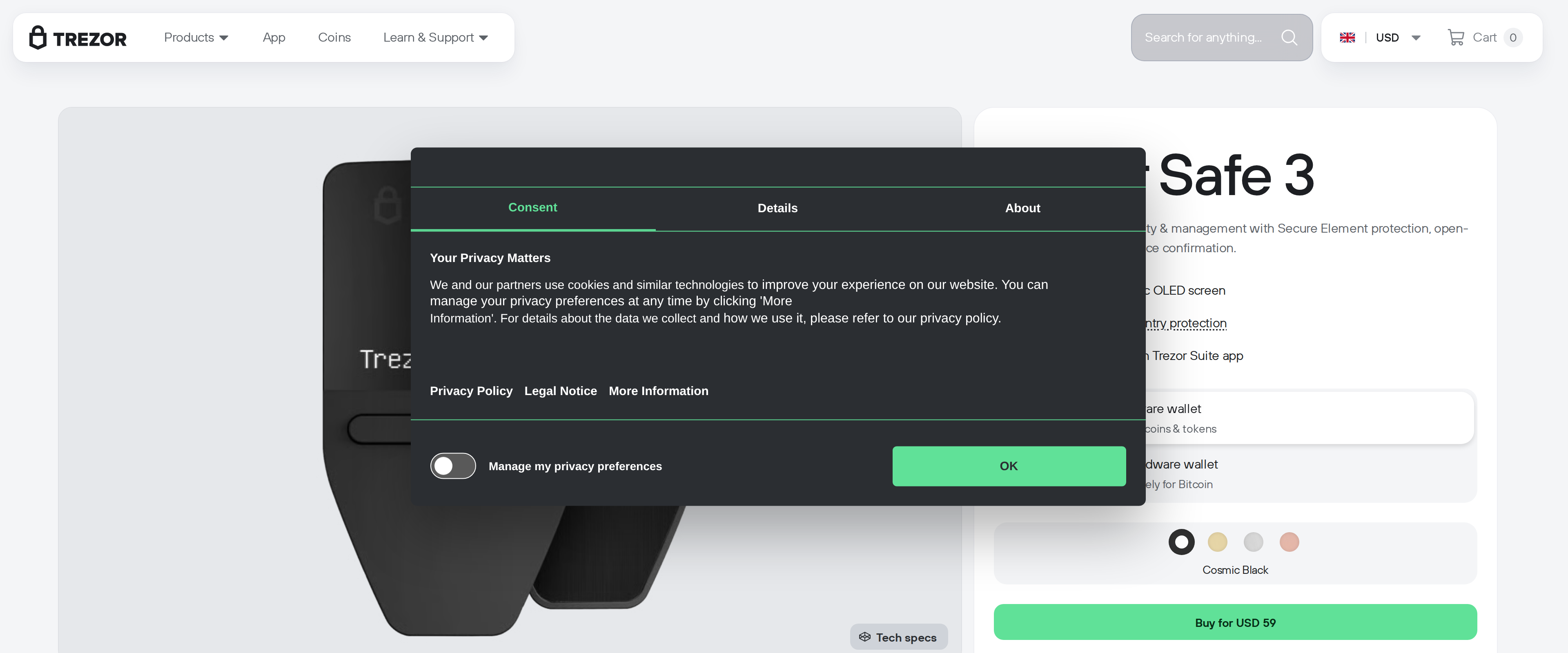 Trezor Safe 3 product page showing the Cosmic Black device and the tagline about Secure Element protection, open-source design and on-device confirmation