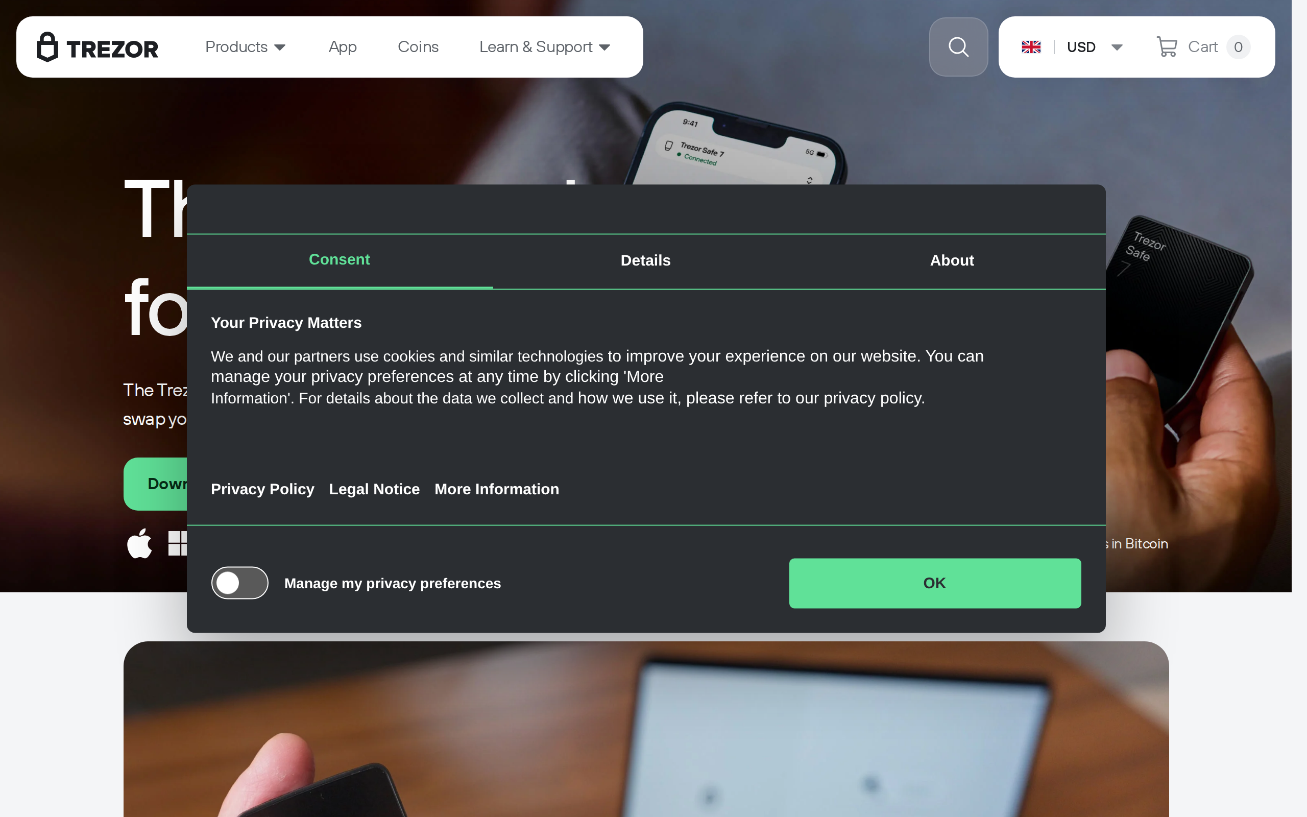 Trezor Suite app interface shown on the app's own product page