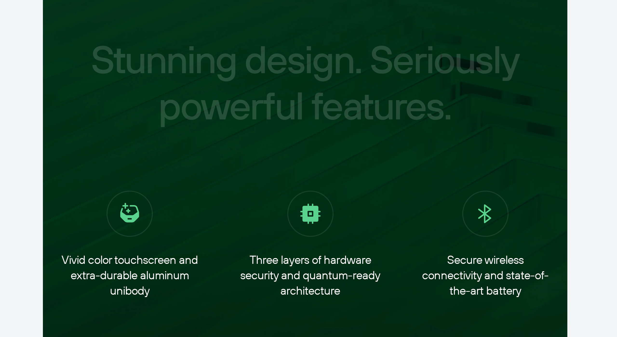 Trezor Safe 7 product page listing three feature pillars: vivid color touchscreen and aluminum unibody, three layers of hardware security and quantum-ready architecture, and secure wireless connectivity with a modern battery