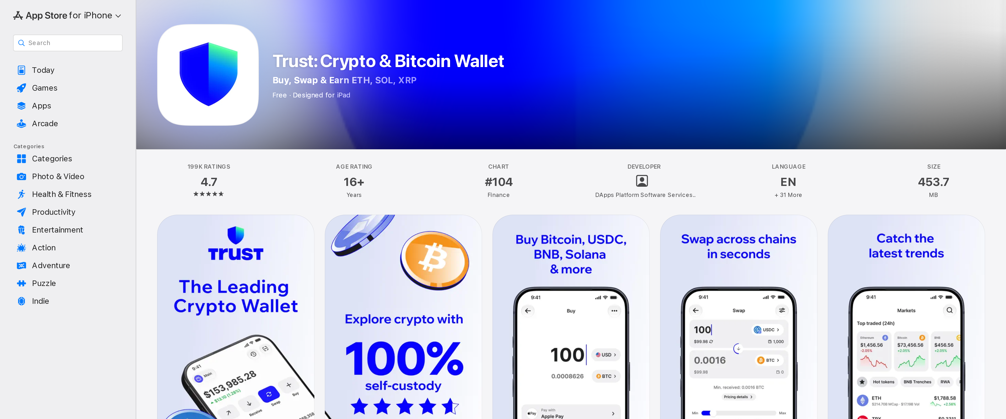 App Store listing for Trust: Crypto & Bitcoin Wallet, showing the app icon, screenshots and the developer name DApps Platform Software Services Ltd.