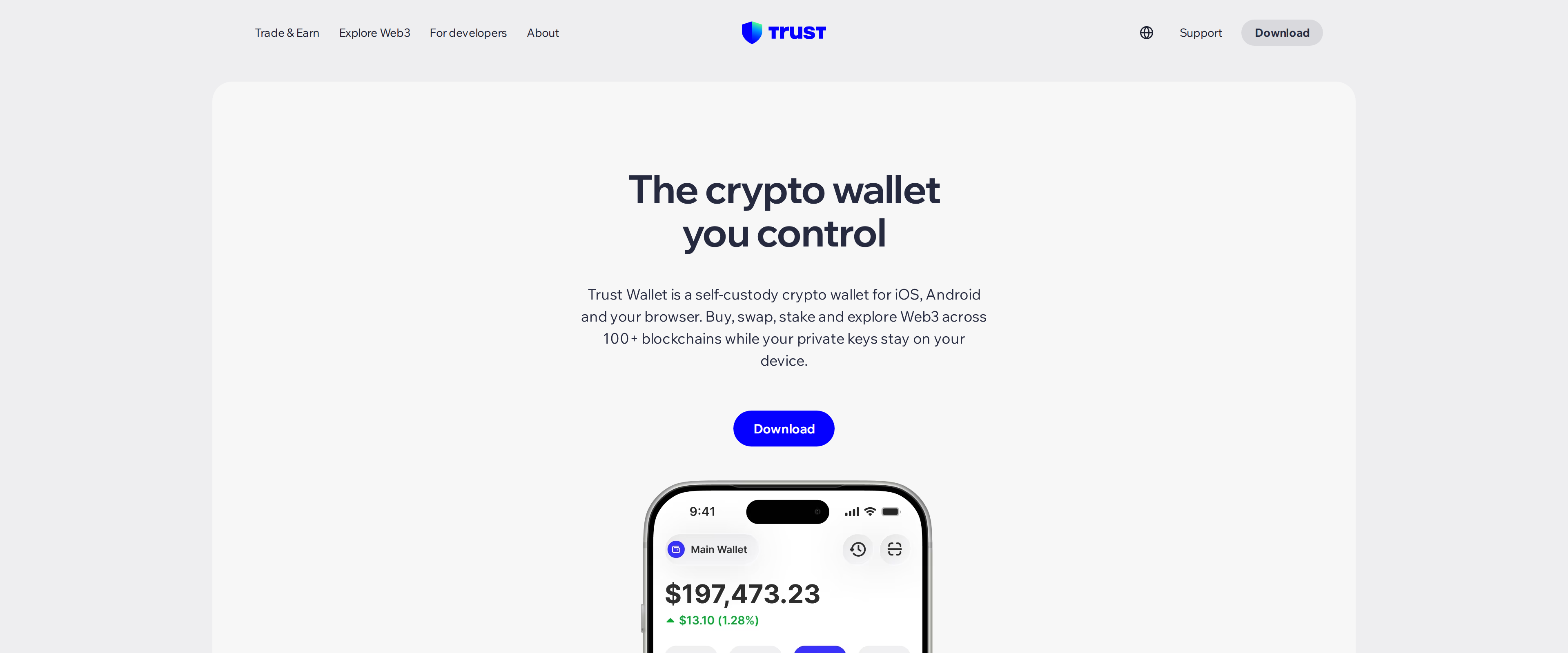 Trust Wallet homepage headline reading The crypto wallet you control, with an image of the Trust Wallet app open on an iPhone