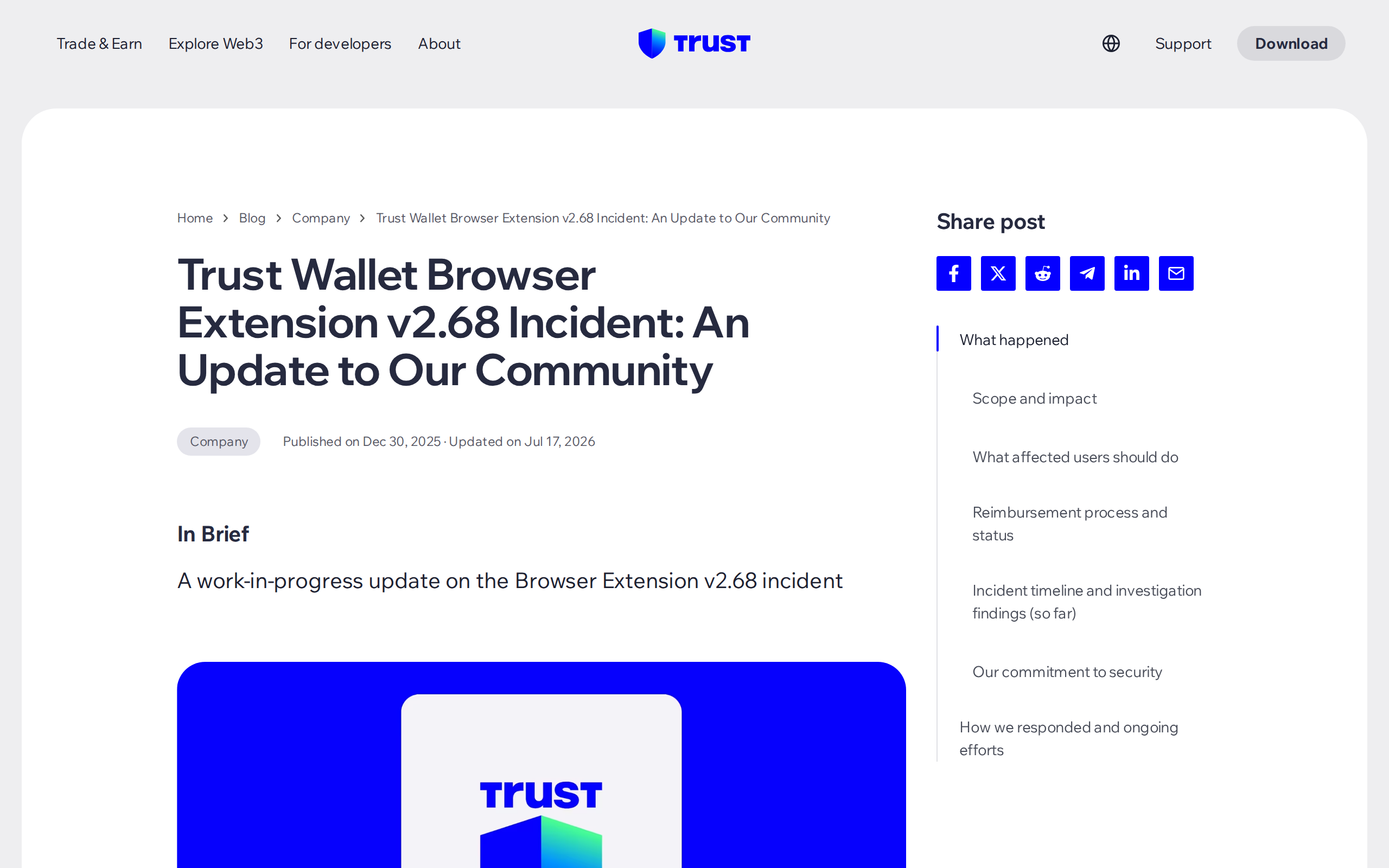 Trust Wallet's official incident update page for the Browser Extension v2.68 breach, listing sections on affected users and the reimbursement process