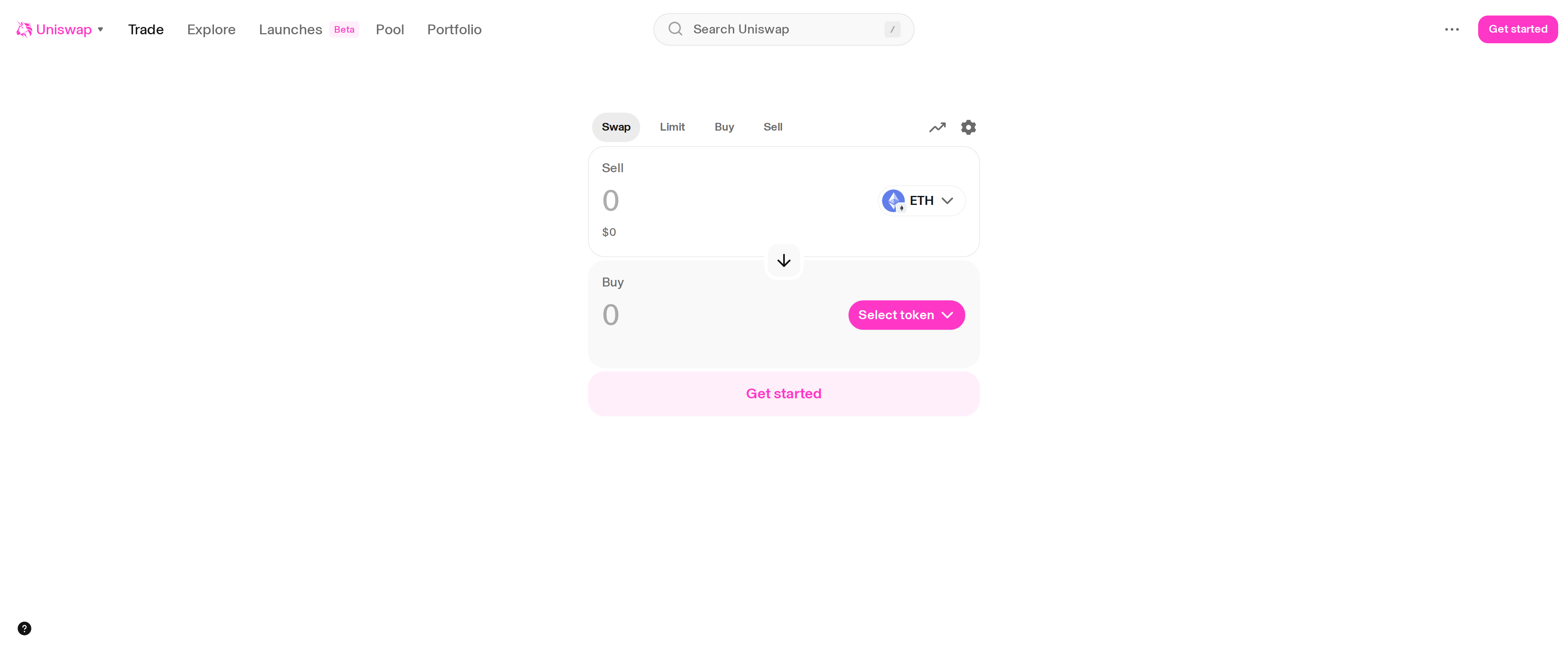 Uniswap swap interface with empty Sell and Buy fields showing ETH selected and a pink Get started button