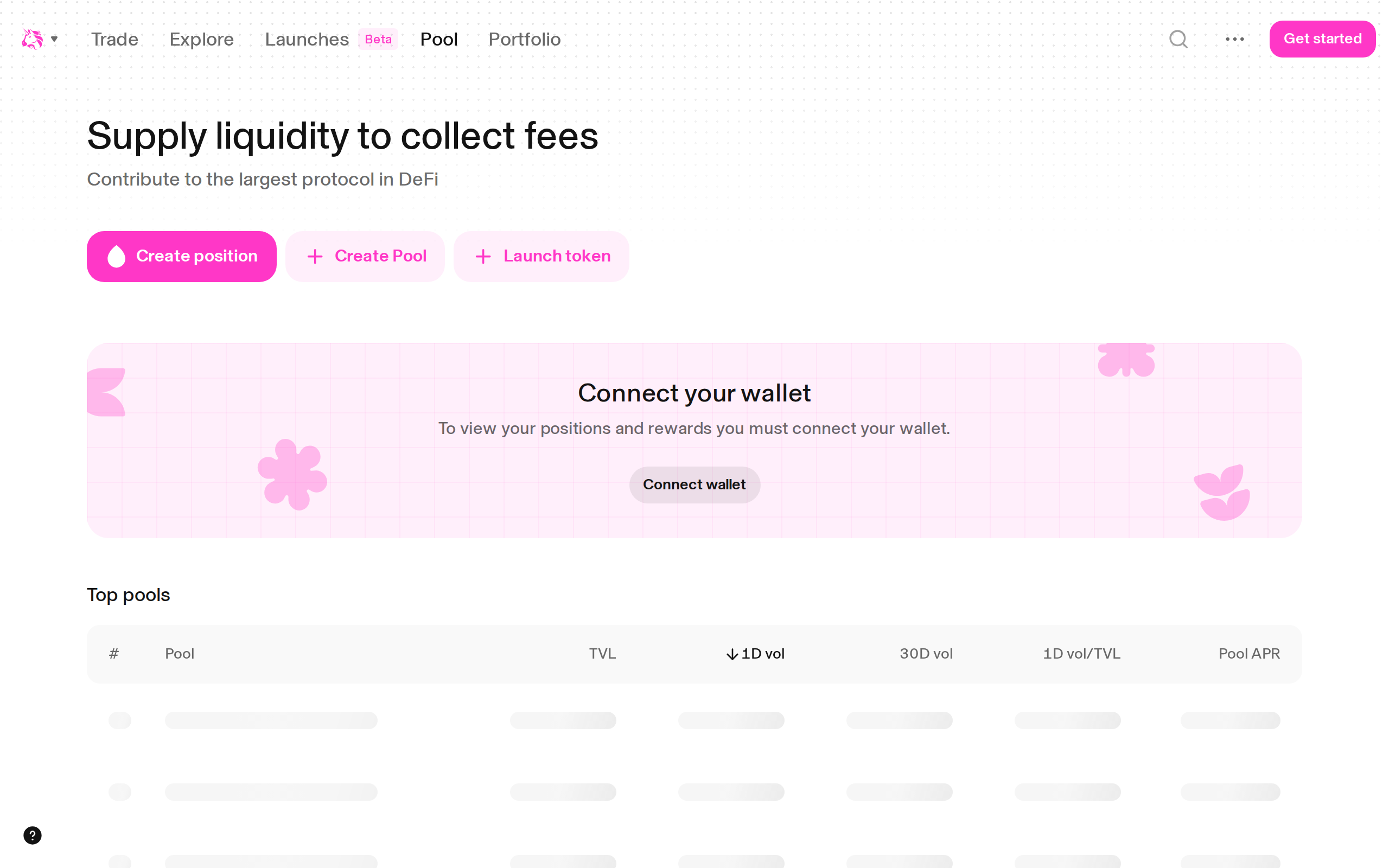 Uniswap Pool positions page prompting to connect a wallet under the heading Supply liquidity to collect fees